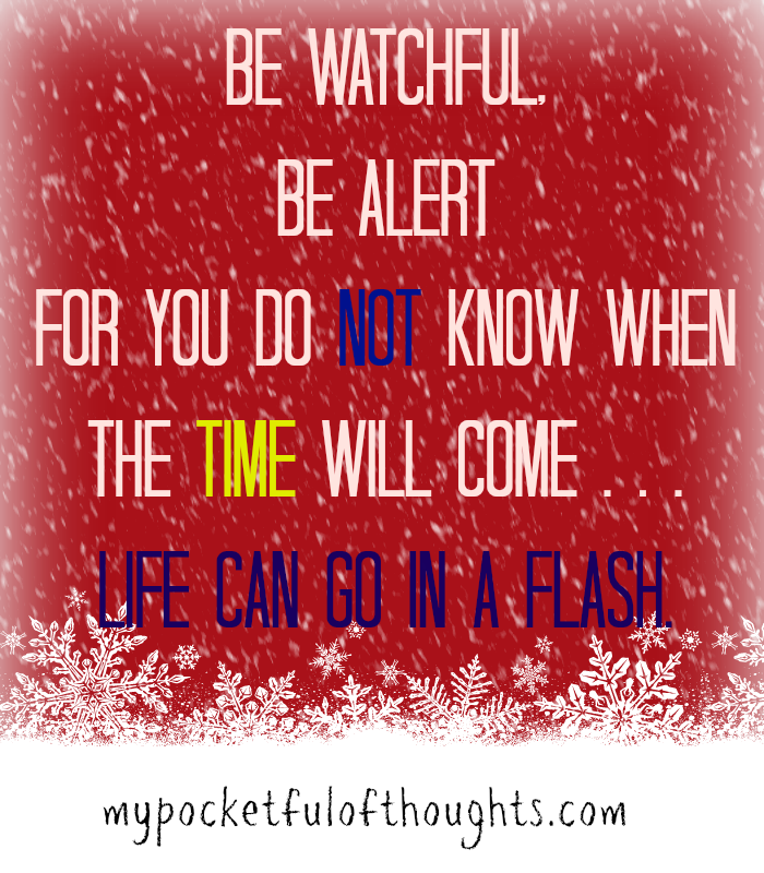 Be Watchful,  Be Alert For You do not know when the time will come . . .  Life can go in a flash.